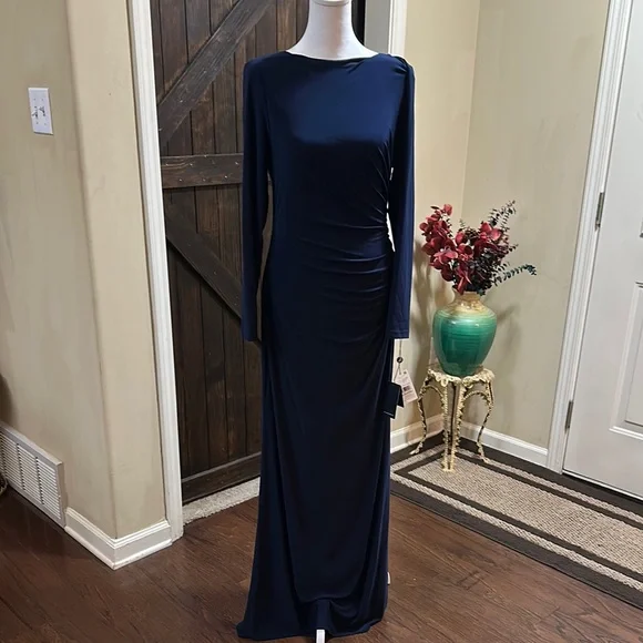 Elegant Navy Blue Long Sleeve Dress - Picture 1 of 16